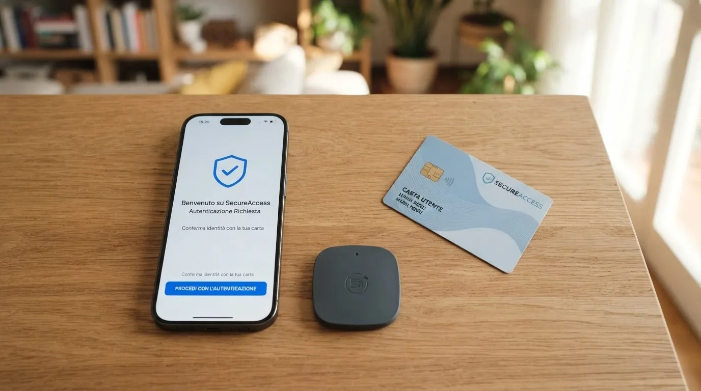 Smartphone con schermata di login SPID accanto a una Carta d'Identità Elettronica appoggiata sul lettore NFC