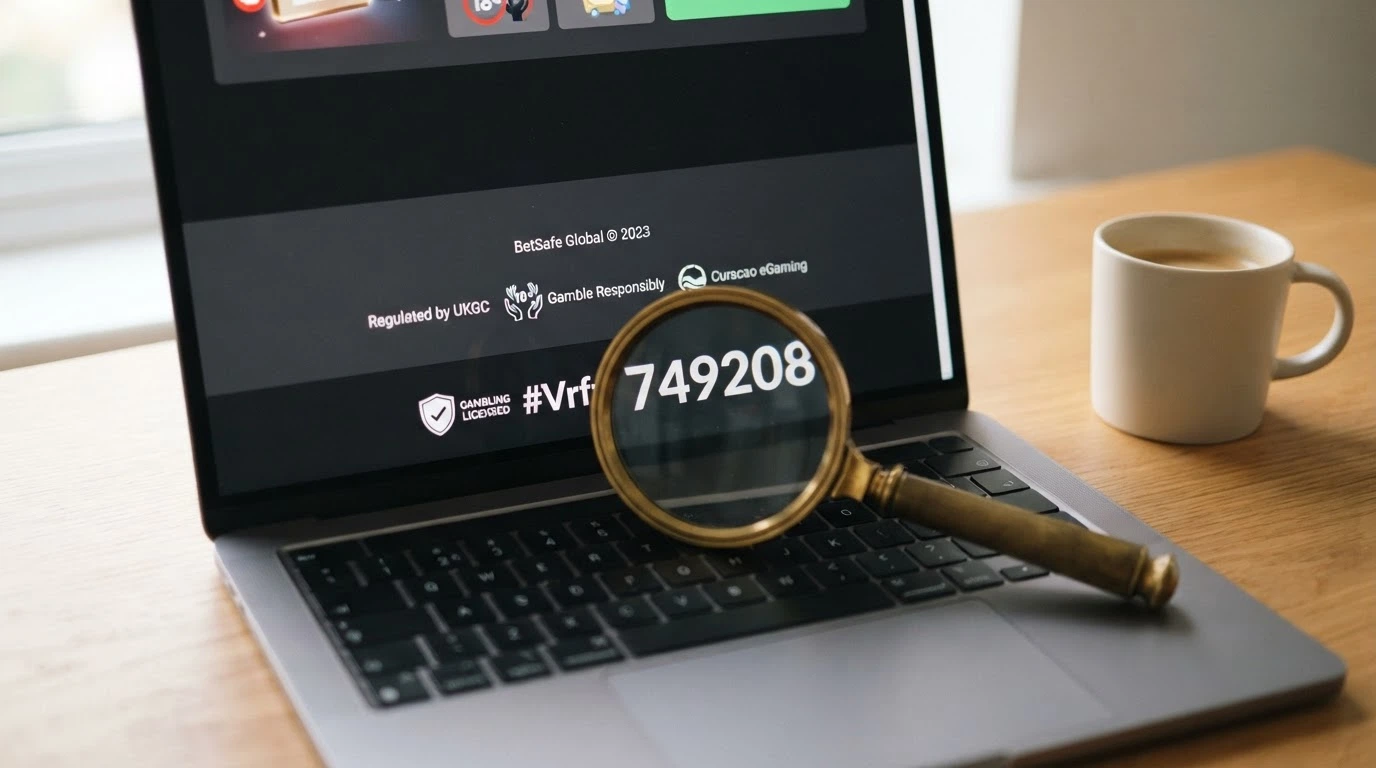 Un primo piano di uno schermo che mostra il footer di un casinò online con il numero di licenza, il logo dell'autorità di regolamentazione e l'icona del gioco responsabile, accanto a una lente di ingrandimento che evidenzia questi dettagli