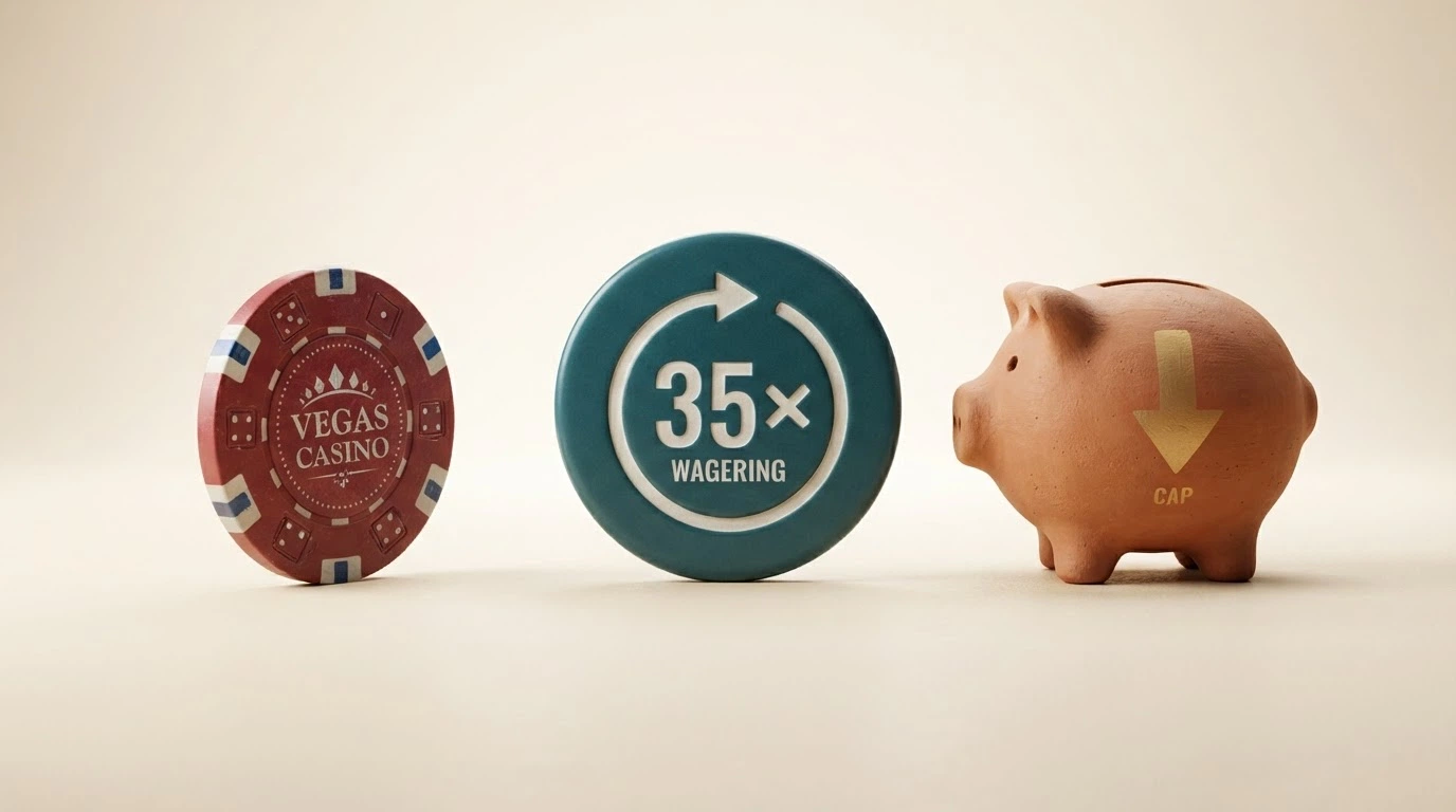 Tre icone affiancate che rappresentano il valore del giro (moneta da 10 centesimi), il moltiplicatore del wagering (freccia circolare con «35×») e il tetto al prelievo (salvadanaio con freccia verso il basso)