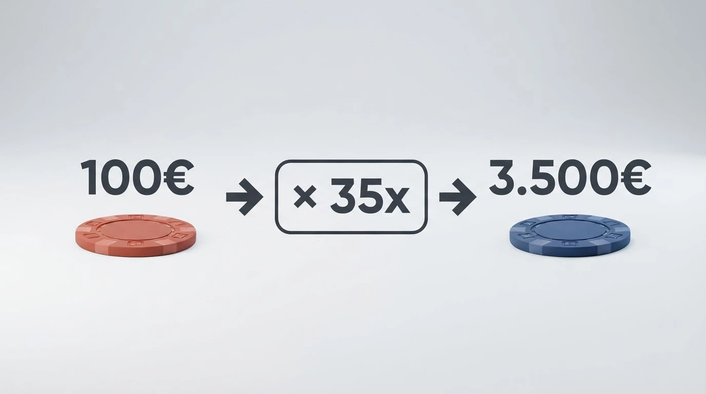 Schema visivo che mostra il percorso di un bonus da 100€ attraverso un rollover 35x: la cifra iniziale diventa 3.500€ di volume gioco richiesto