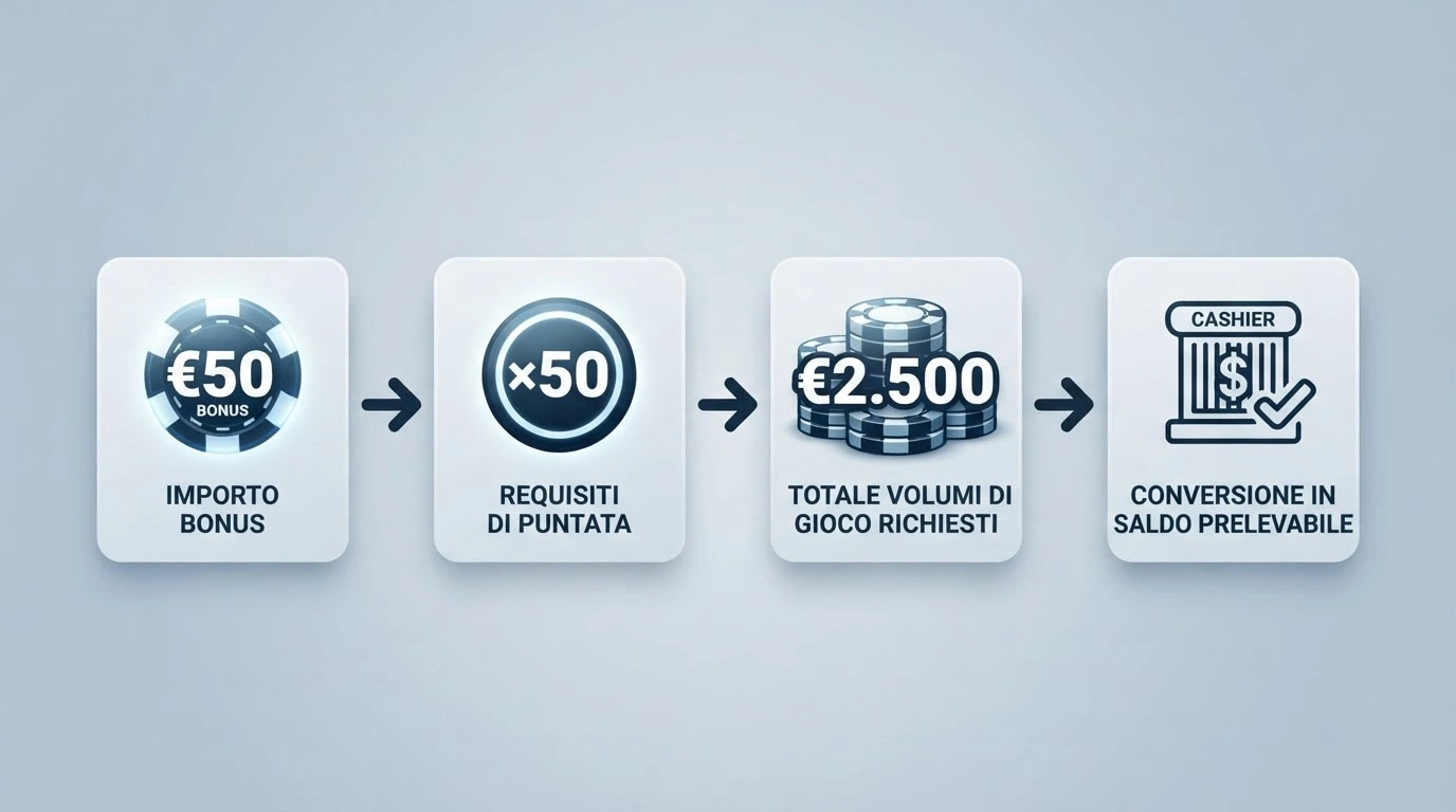 Un diagramma che mostra il percorso da bonus a prelievo: importo bonus, moltiplicatore wagering, volume da giocare, conversione