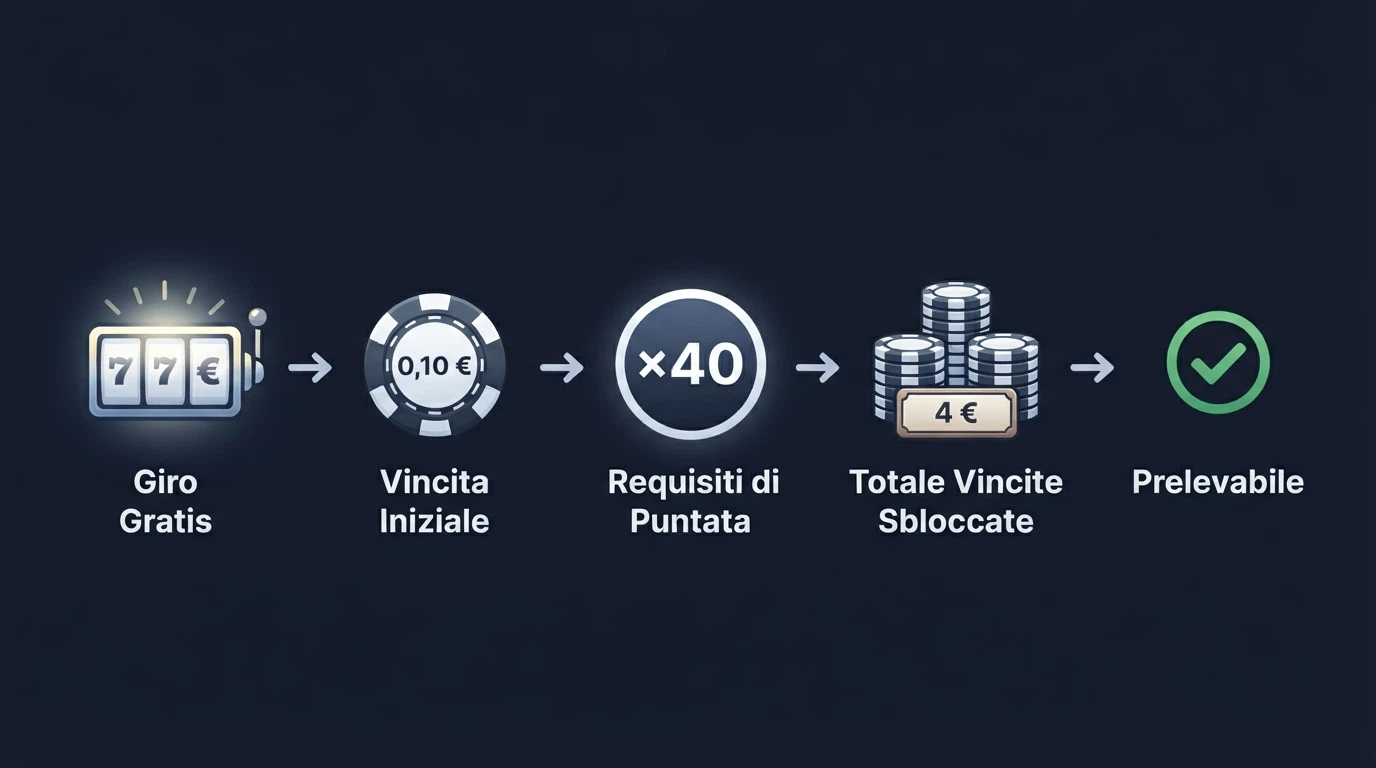Uno schema visivo che illustra il percorso di un free spin: accredito, giro sulla slot, vincita, moltiplicazione per il wagering, saldo prelevabile — con il wagering evidenziato come collo di bottiglia