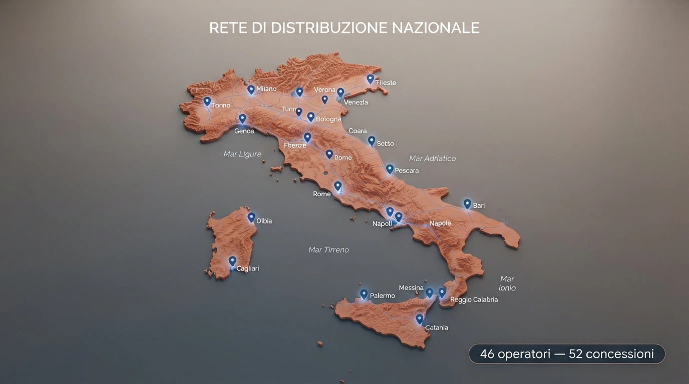 Mappa dell'Italia con indicatori distribuiti delle 52 concessioni ADM e legenda con i principali gruppi concessionari