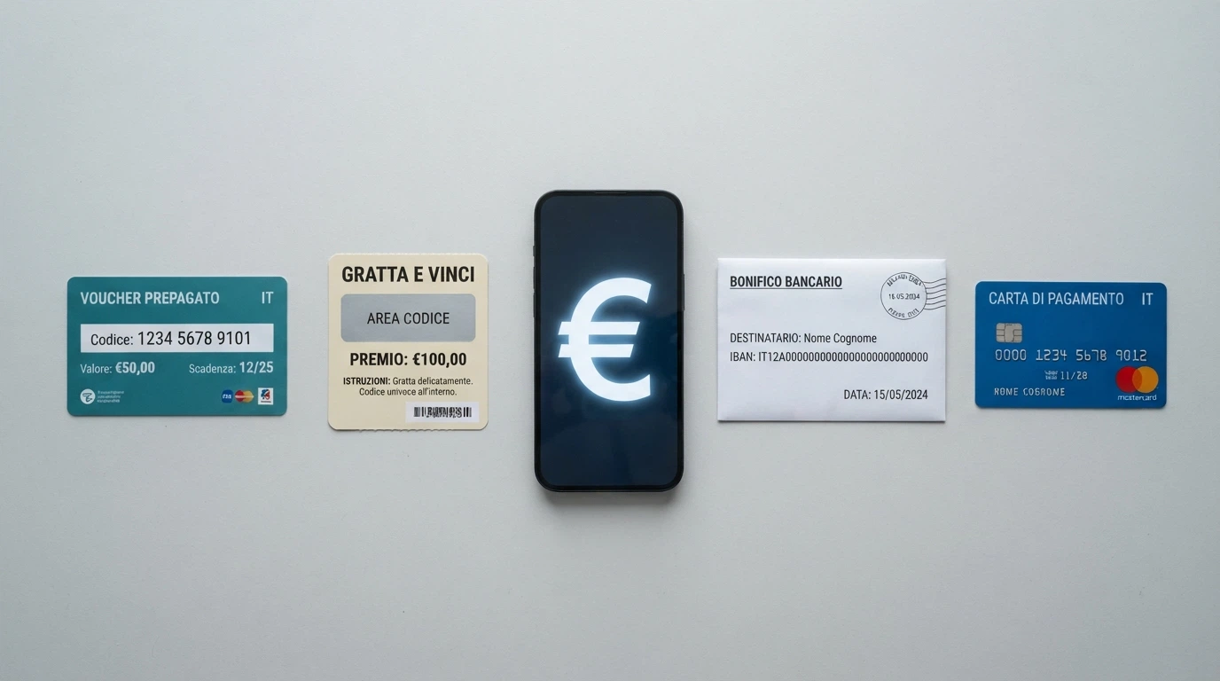 Una panoramica dei metodi di pagamento accettati nei casinò italiani: icone di Paysafecard, Scratch Card, PayPal, bonifico e Postepay allineate