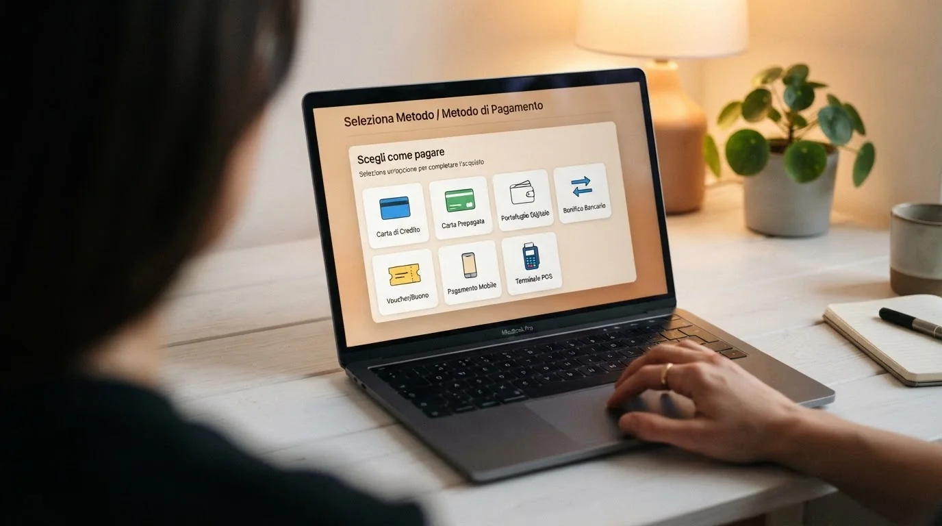 Schermata con le icone dei metodi di pagamento accettati: carte di credito, PostePay, PayPal, bonifico e altri