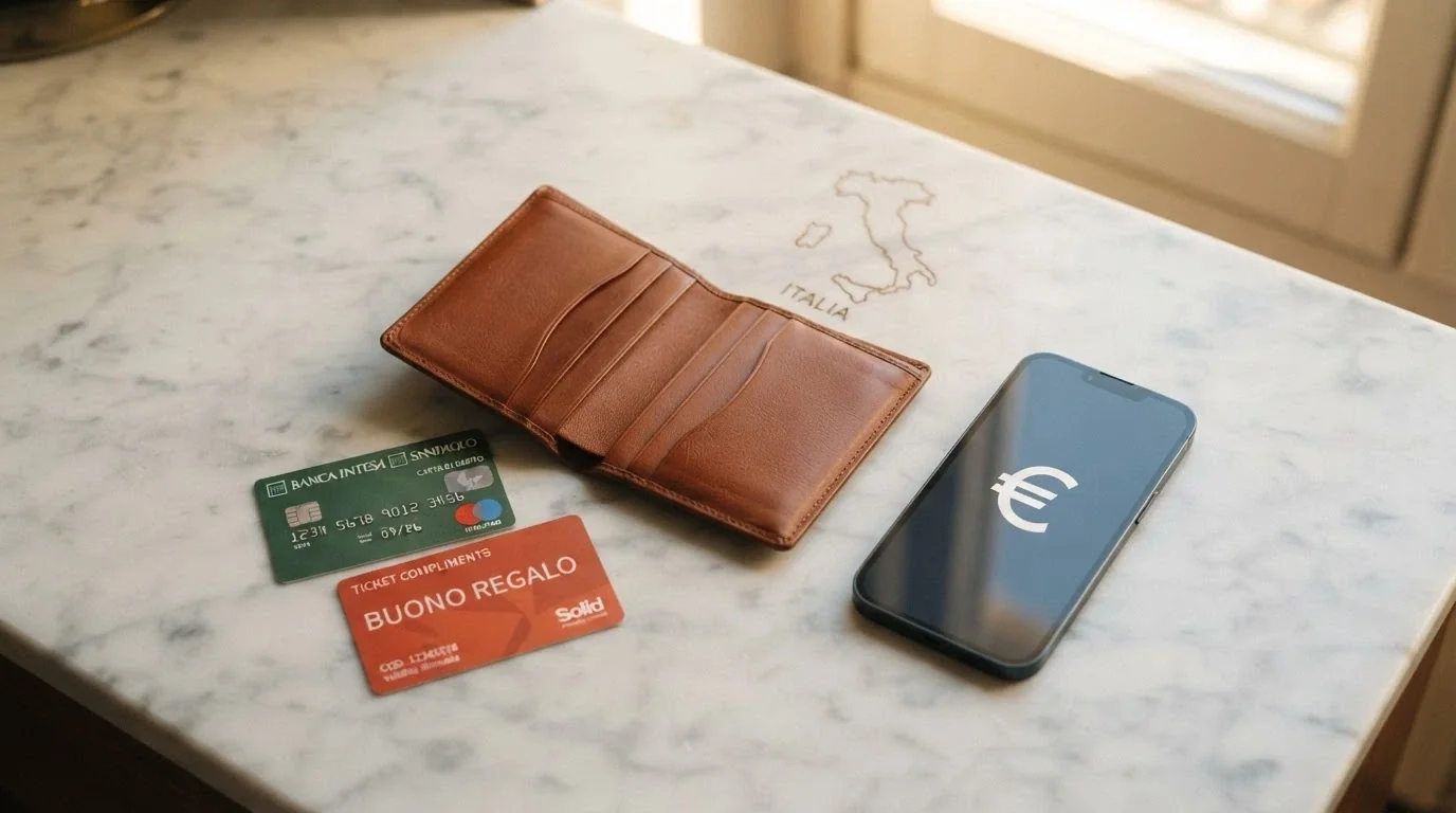 Un portafoglio digitale affiancato da carte di credito, una Postepay e il logo Bitcoin, disposti su una mappa dell'Italia