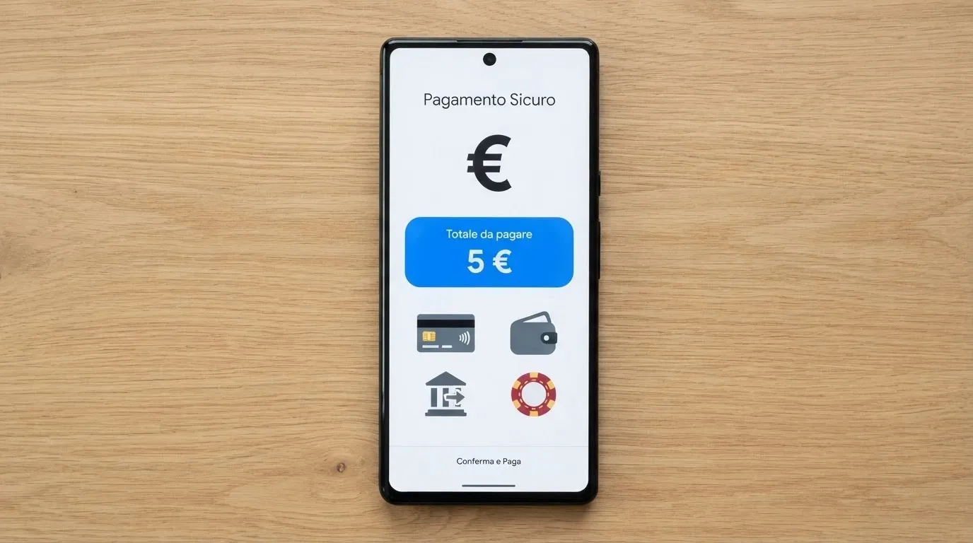 Uno smartphone che mostra una schermata di checkout con le icone di Paysafecard, PayPal, Postepay, Visa e Skrill allineate, con un importo di 5 € selezionato