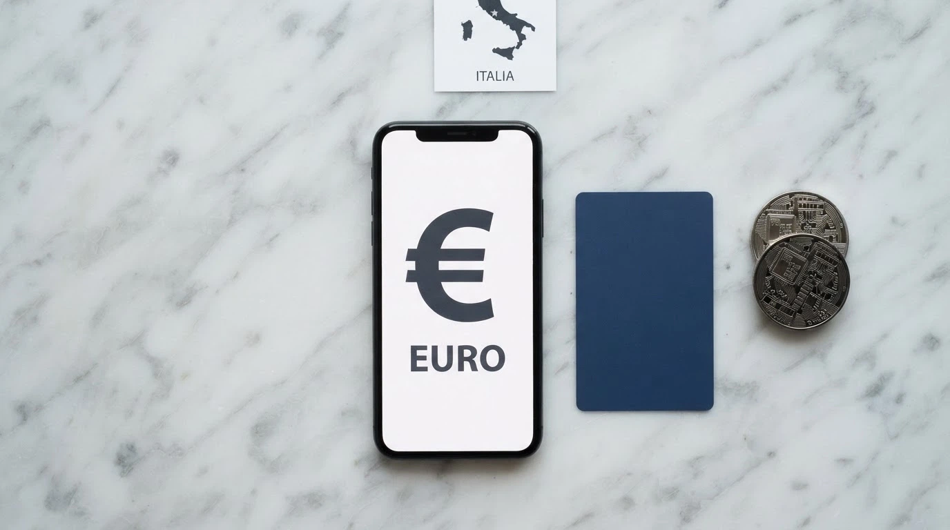 Wallet digitali, carta di credito e portafoglio crypto disposti accanto alla sagoma dell'Italia