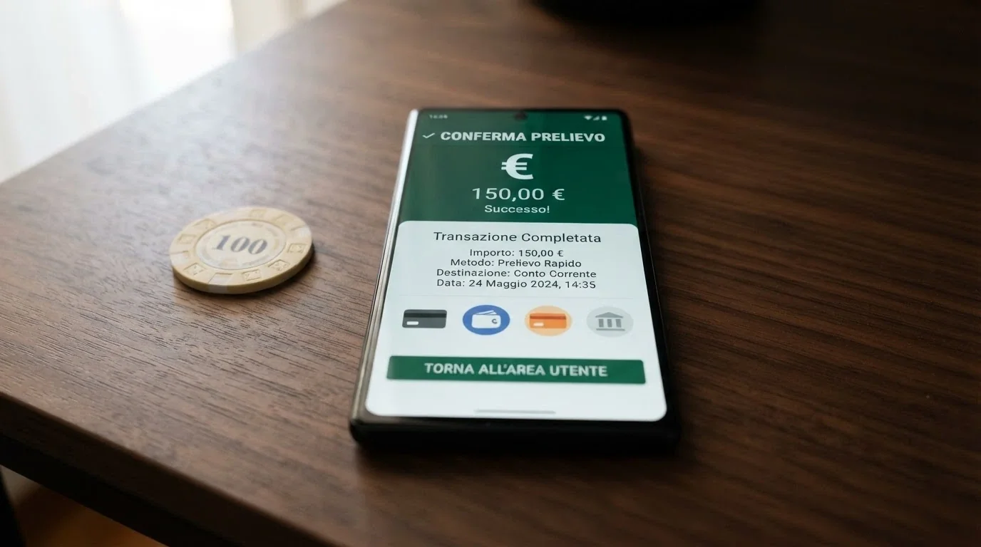 Uno smartphone che mostra una schermata di prelievo con le icone di PayPal, PostePay, Skrill e bonifico bancario