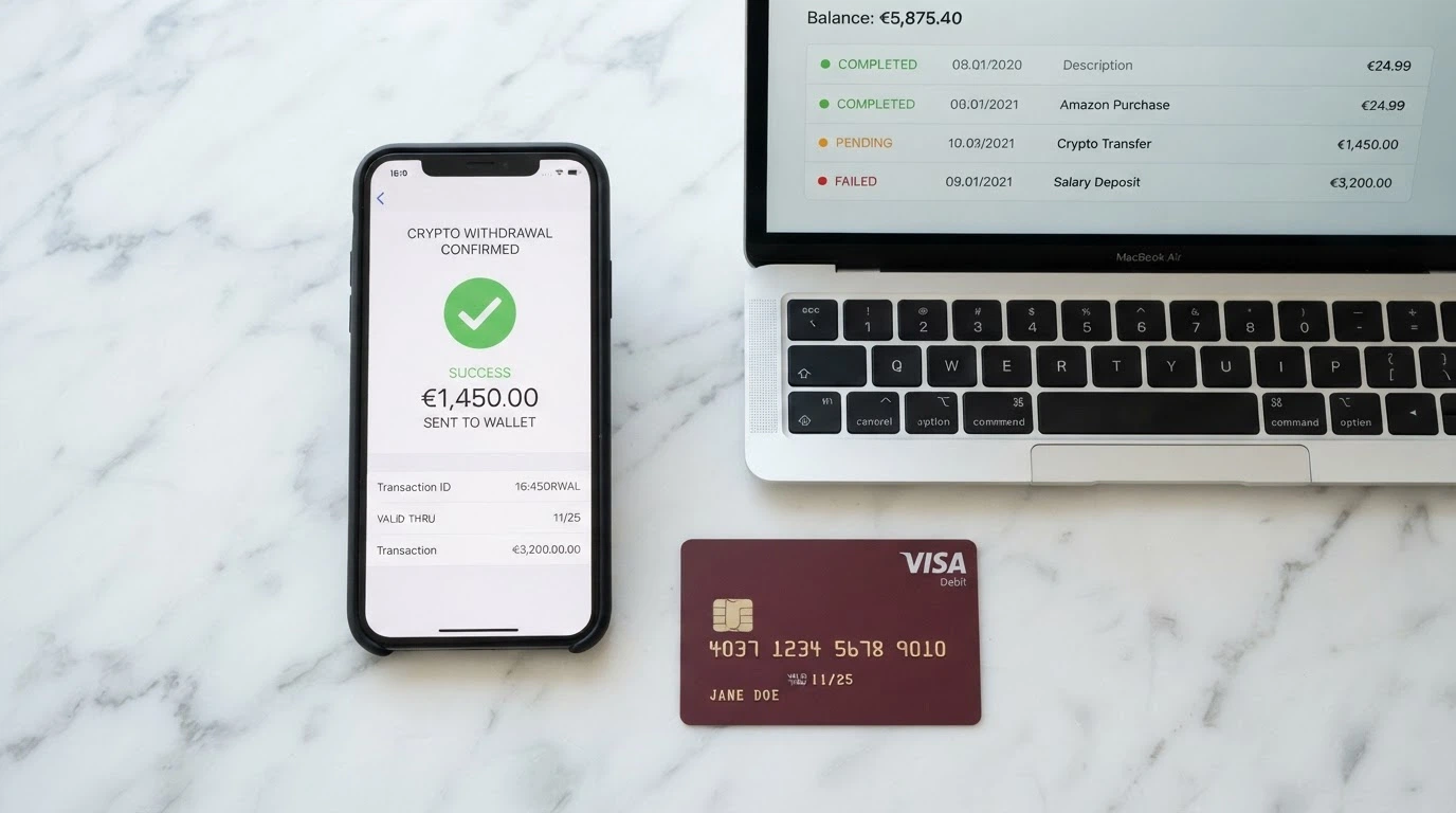 Smartphone con schermata di prelievo in crypto accanto a un laptop con interfaccia e-wallet e una carta di credito