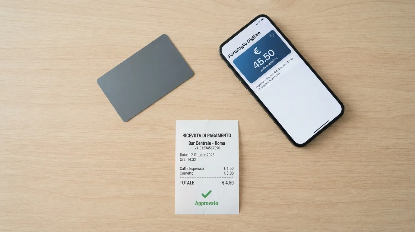 Una carta di credito, lo schermo di un portafoglio elettronico e un telefono con l'app di online banking, disposti accanto al simbolo di un prelievo approvato