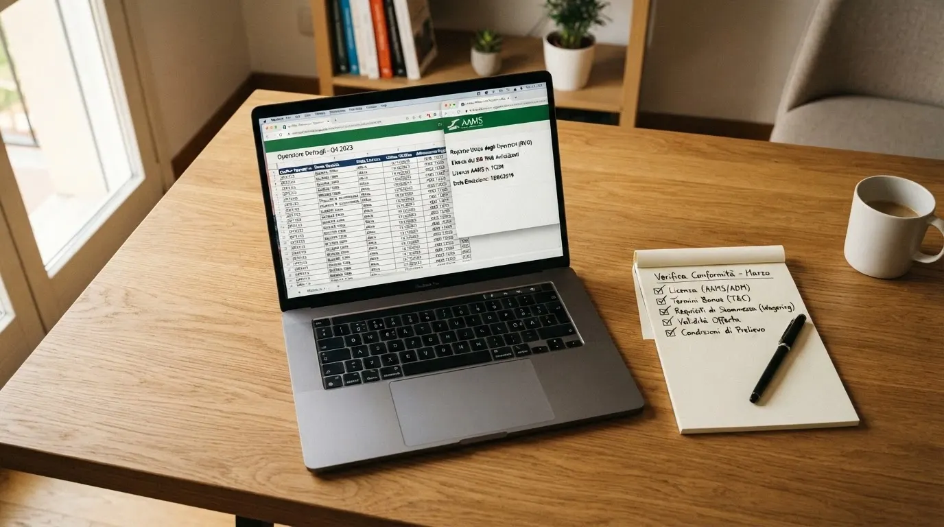 Una scrivania con un computer portatile che mostra un foglio di calcolo affiancato dal sito dell'ADM e da una lista di controllo con voci barrate: licenza, bonus, wagering, validità, condizioni di prelievo