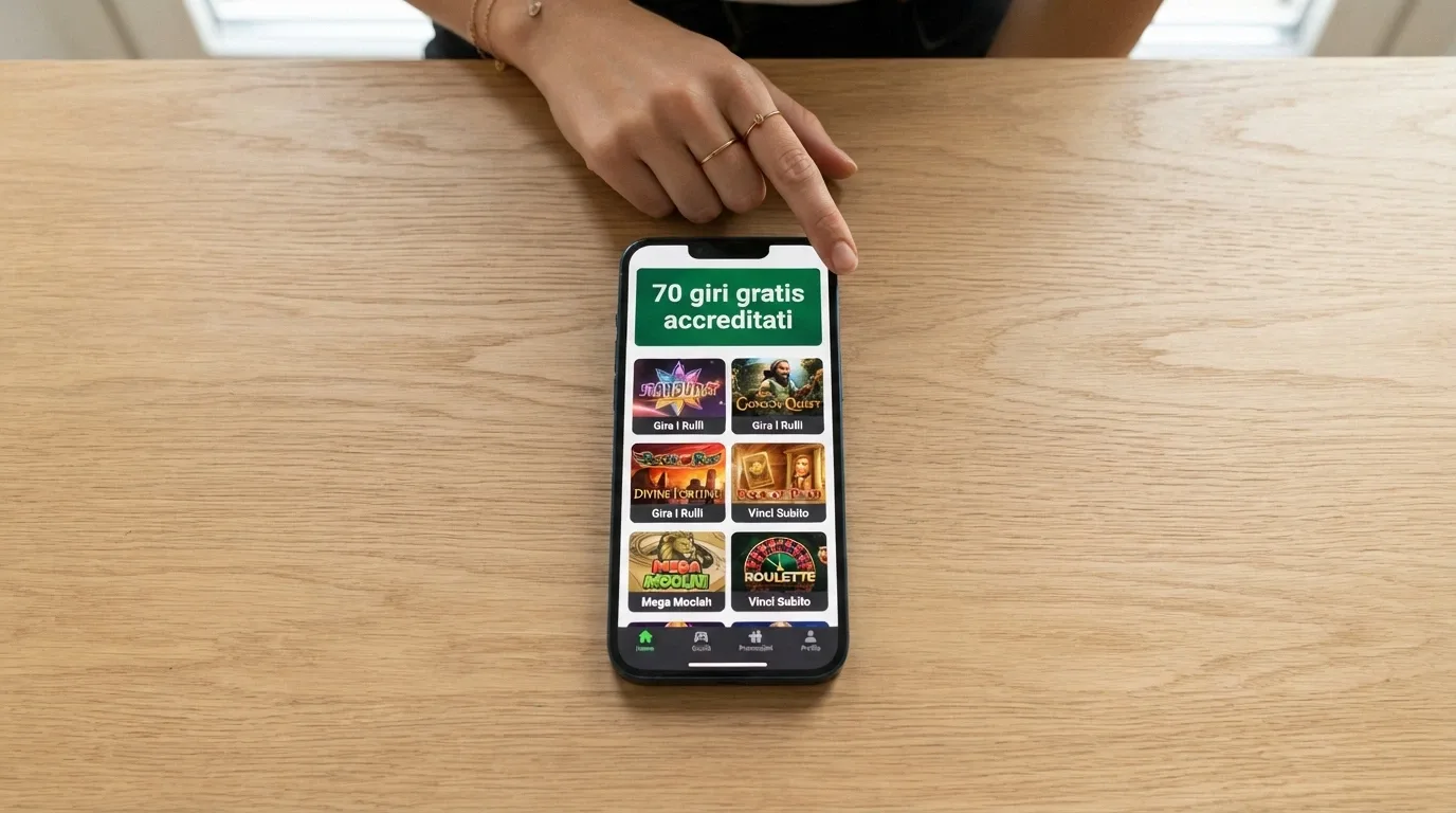 Uno smartphone con l'interfaccia di un casinò ADM in app, la scritta «70 giri gratis accreditati» in overlay sulla schermata di benvenuto