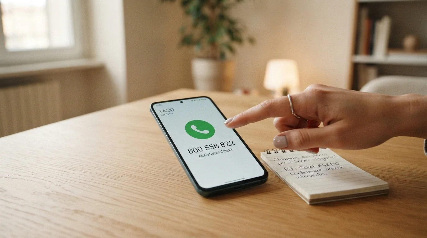 Un telefono fisso con la cornetta sollevata e il numero 800 558 822 visibile, su sfondo verde rassicurante