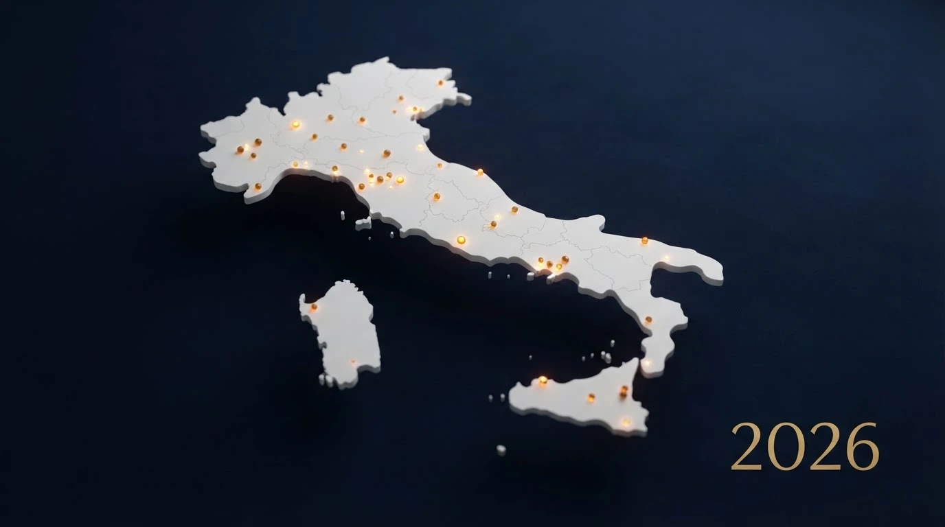 Una mappa stilizzata dell'Italia con 52 punti luminosi, ognuno rappresenta una concessione ADM attiva, con l'anno 2026 in evidenza