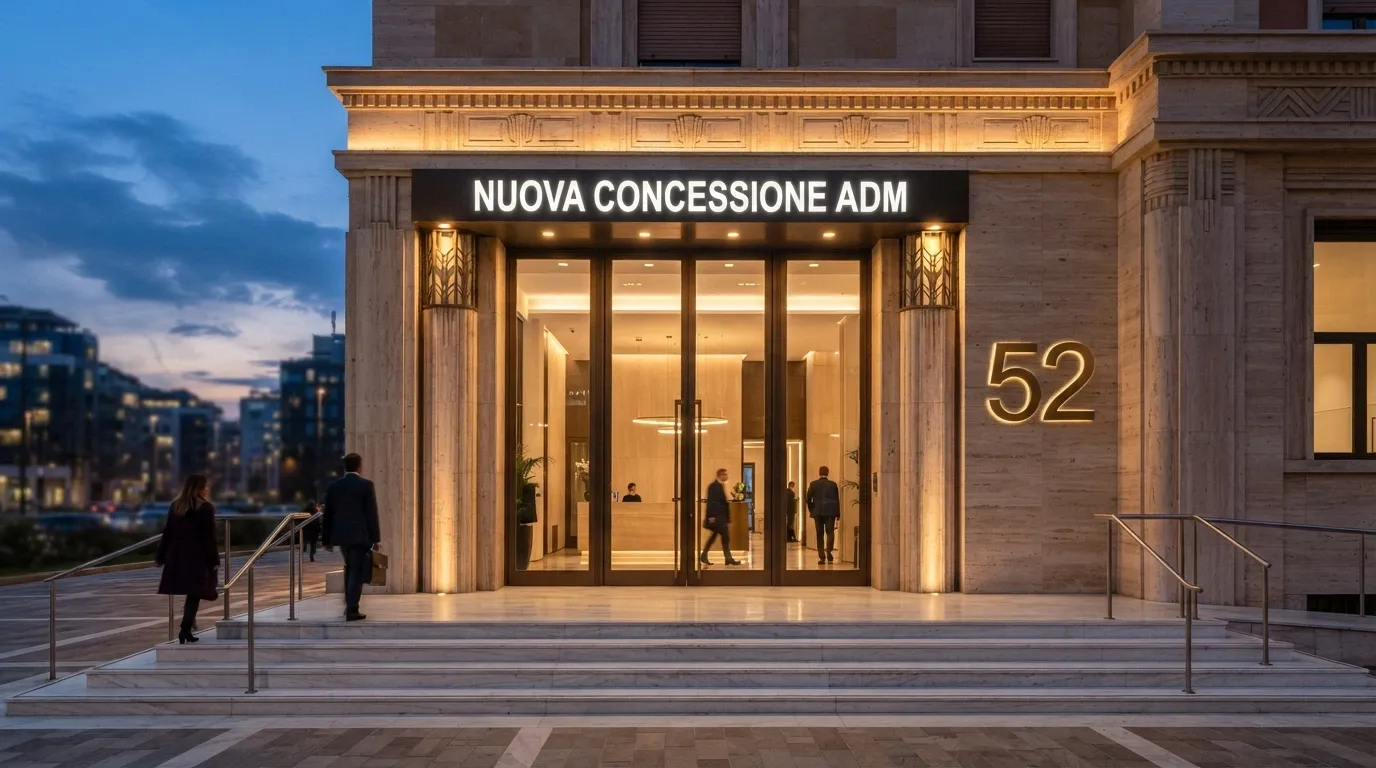 L'ingresso di un casinò virtuale con l'insegna «Nuova Concessione ADM» e il numero 52 in evidenza, stile architettonico italiano moderno