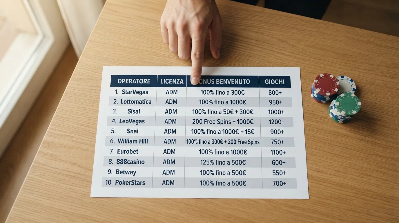 Tabella visiva con i nomi e le caratteristiche principali dei 10 casinò non ADM recensiti