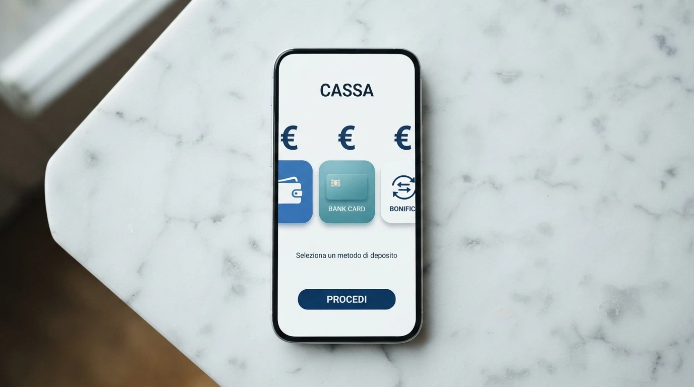 Smartphone con l'interfaccia di un casinò online e icone dei metodi di pagamento (e-wallet, carte, bonifico) in sovrapposizione