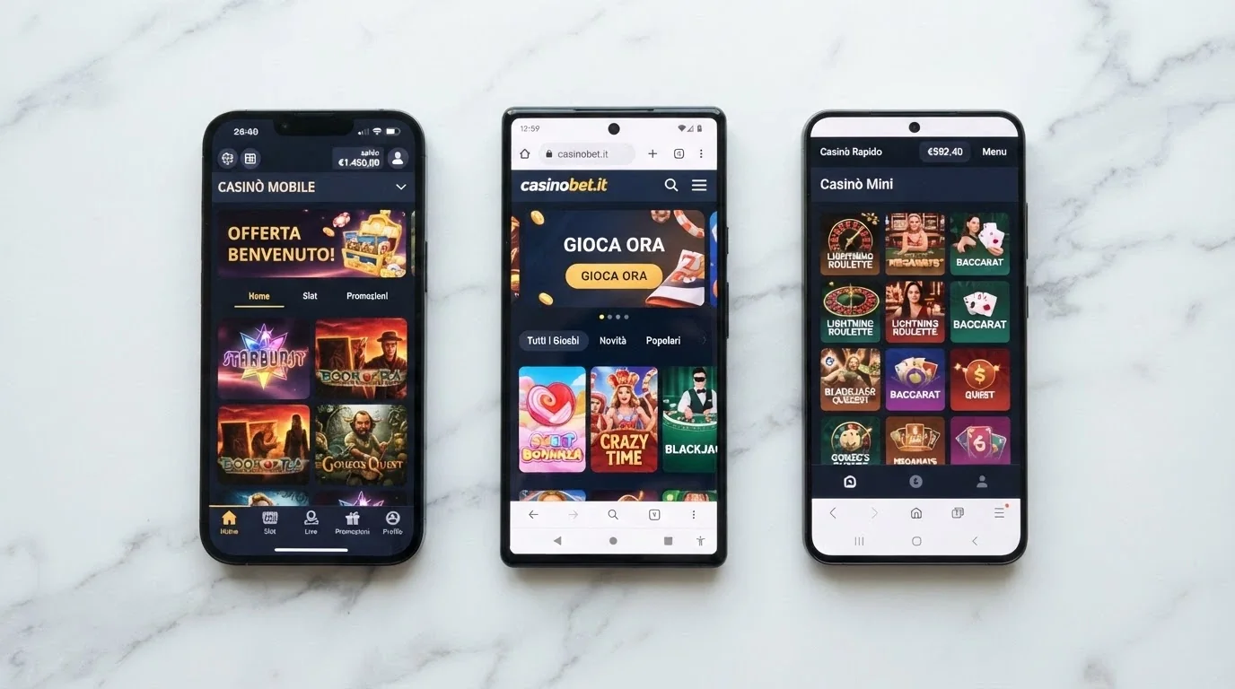 Confronto visivo tra interfaccia app nativa, sito mobile e web app di un casinò ADM su smartphone Android