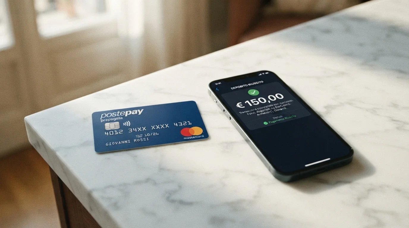 Una carta PostePay appoggiata accanto a uno smartphone con la schermata di deposito di un casinò ADM