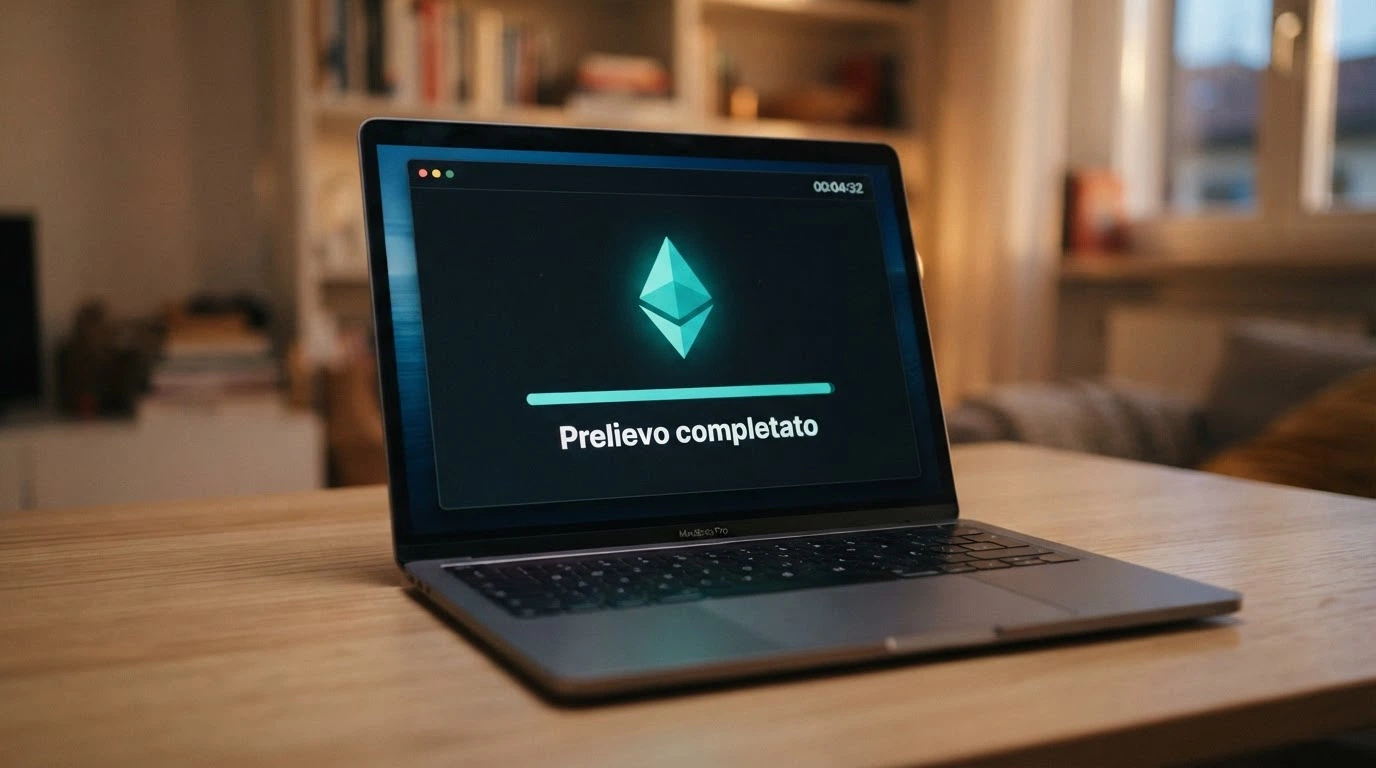 Una transazione Ethereum in corso su uno schermo, con il timer che segna pochi minuti e la conferma «prelievo completato» visibile