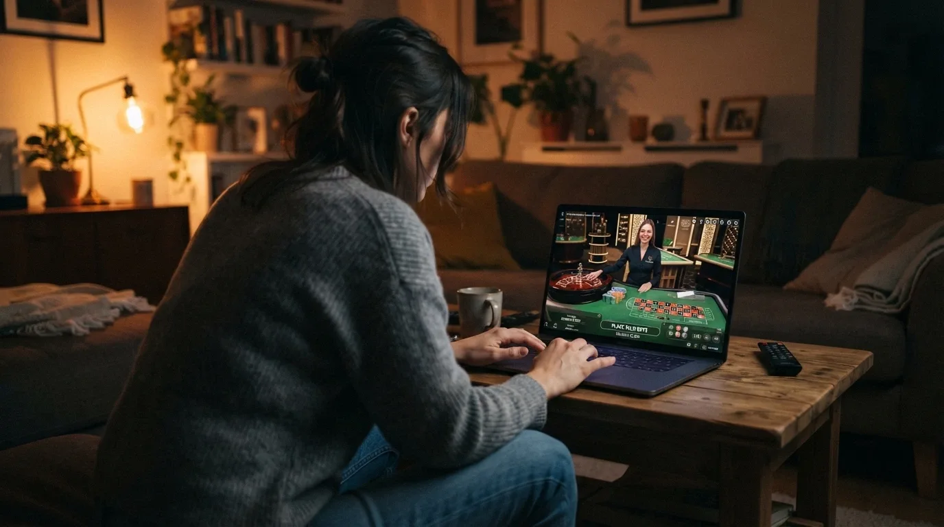 Tavolo da live casino con dealer in streaming, interfaccia di gioco visibile su schermo