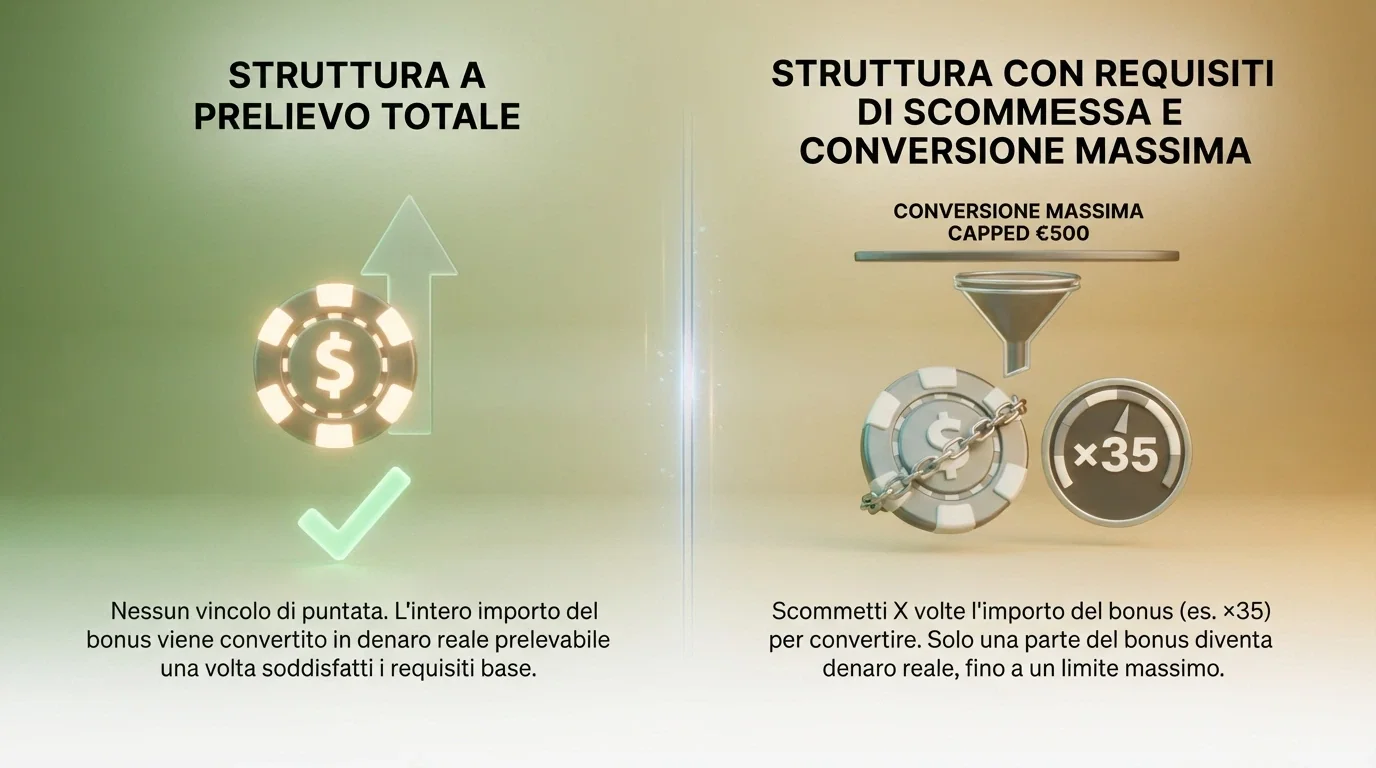 Due colonne affiancate: a sinistra «Real Bonus» con simbolo di prelievo, a destra «Fun Bonus» con simbolo di vincolo e importo massimo convertibile