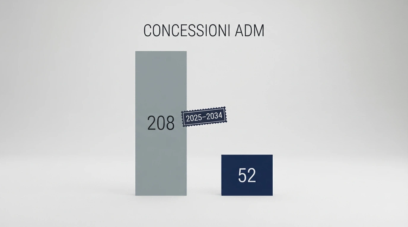 Un documento ufficiale con il logo ADM e un timbro «2025–2034» affiancato da un grafico a barre che mostra la riduzione da 208 a 52 concessioni