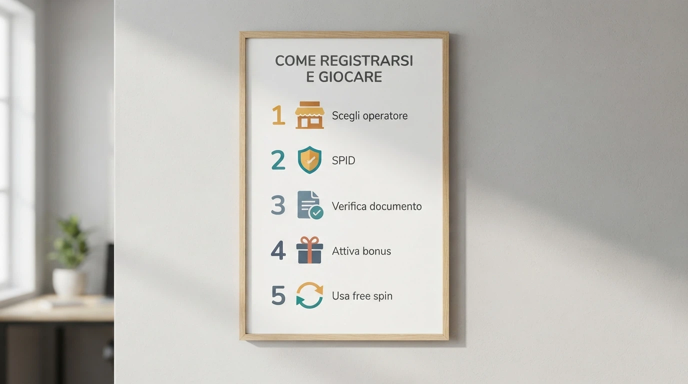 Un'infografica a cinque step: scegli operatore → SPID → verifica documento → attiva bonus → usa free spin, con icone semplici e testo essenziale