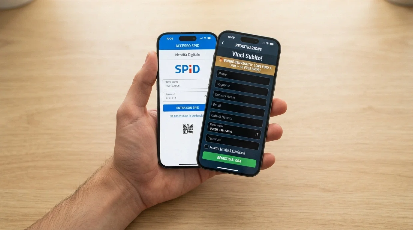 Uno smartphone che mostra la schermata di login SPID accanto all'interfaccia di registrazione di un casinò online