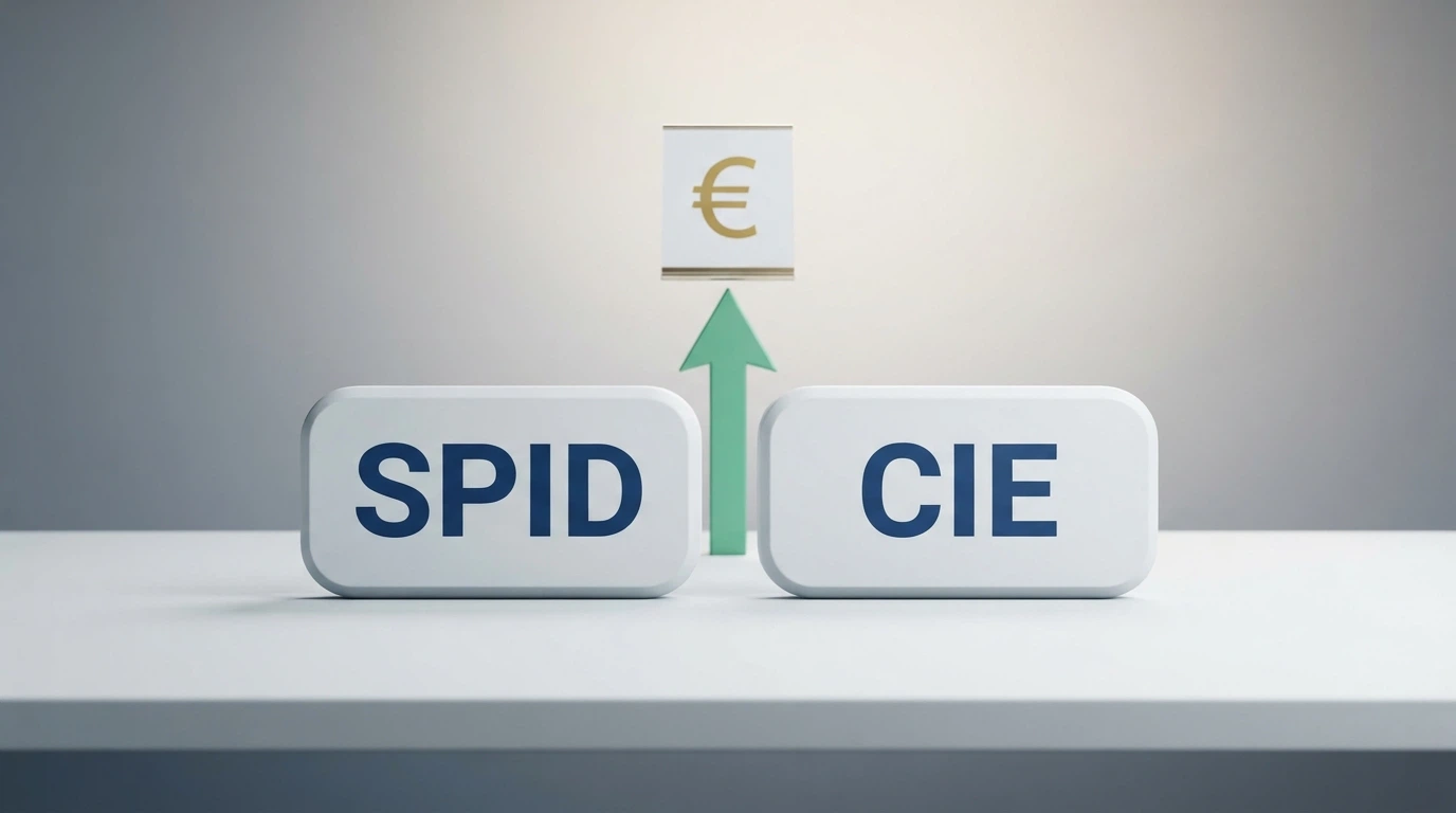 Due pulsanti digitali affiancati con i loghi SPID e CIE e una freccia che punta verso l'alto accanto alla cifra del bonus maggiorato