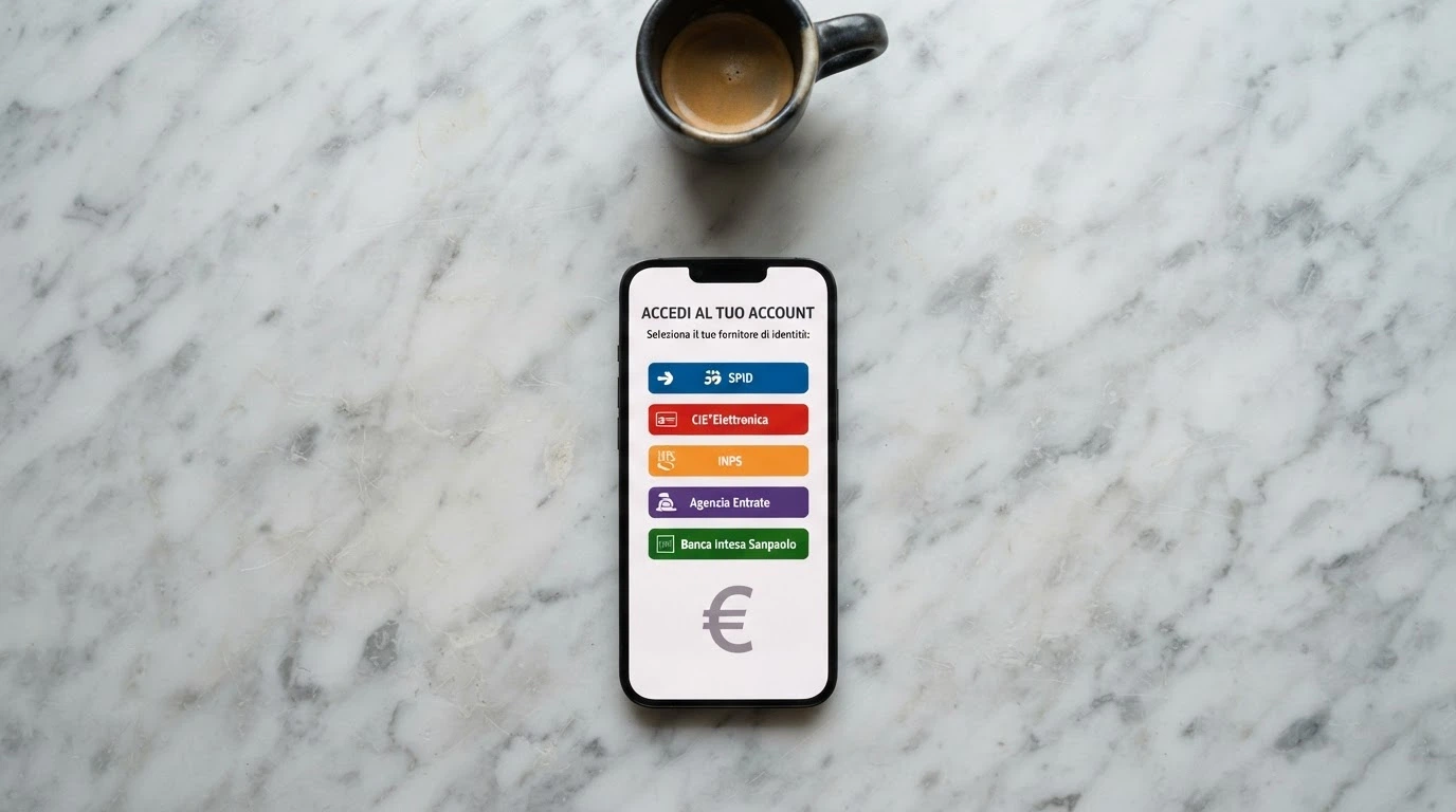 Uno smartphone che mostra la schermata di login SPID con i loghi degli Identity Provider italiani (PosteID, Aruba, Tim) e un casinò ADM sullo sfondo