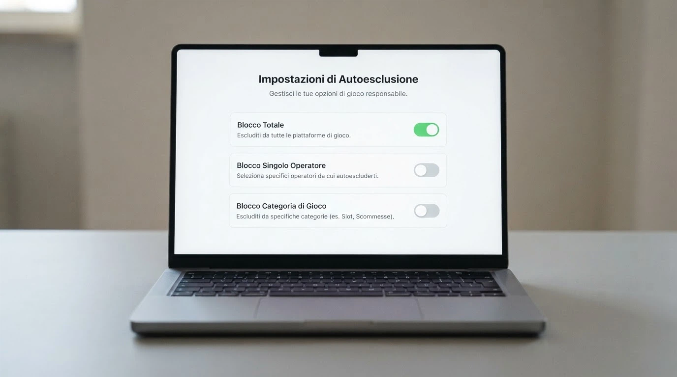 Un'interfaccia di autoesclusione con tre opzioni selezionabili: blocco totale, blocco per singolo operatore, blocco per tipo di gioco