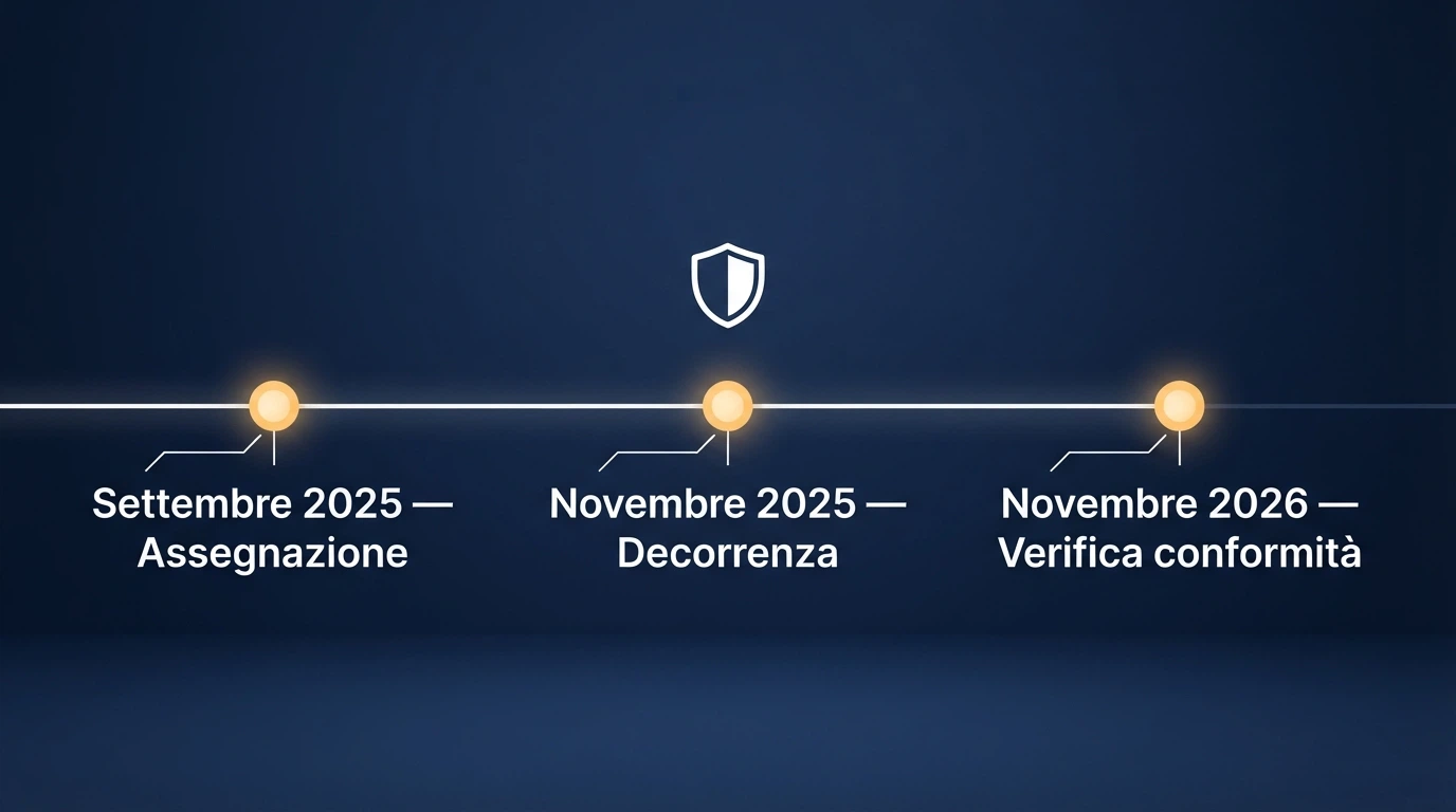 Una linea del tempo che mostra le tappe della riforma delle concessioni: settembre 2025 (assegnazione), novembre 2025 (decorrenza), novembre 2026 (verifica conformità)