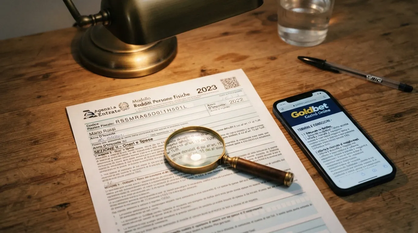 Un documento fiscale italiano (Modello Redditi PF) posato accanto a uno smartphone che mostra un sito di casinò non AAMS, con una lente di ingrandimento sui termini e condizioni