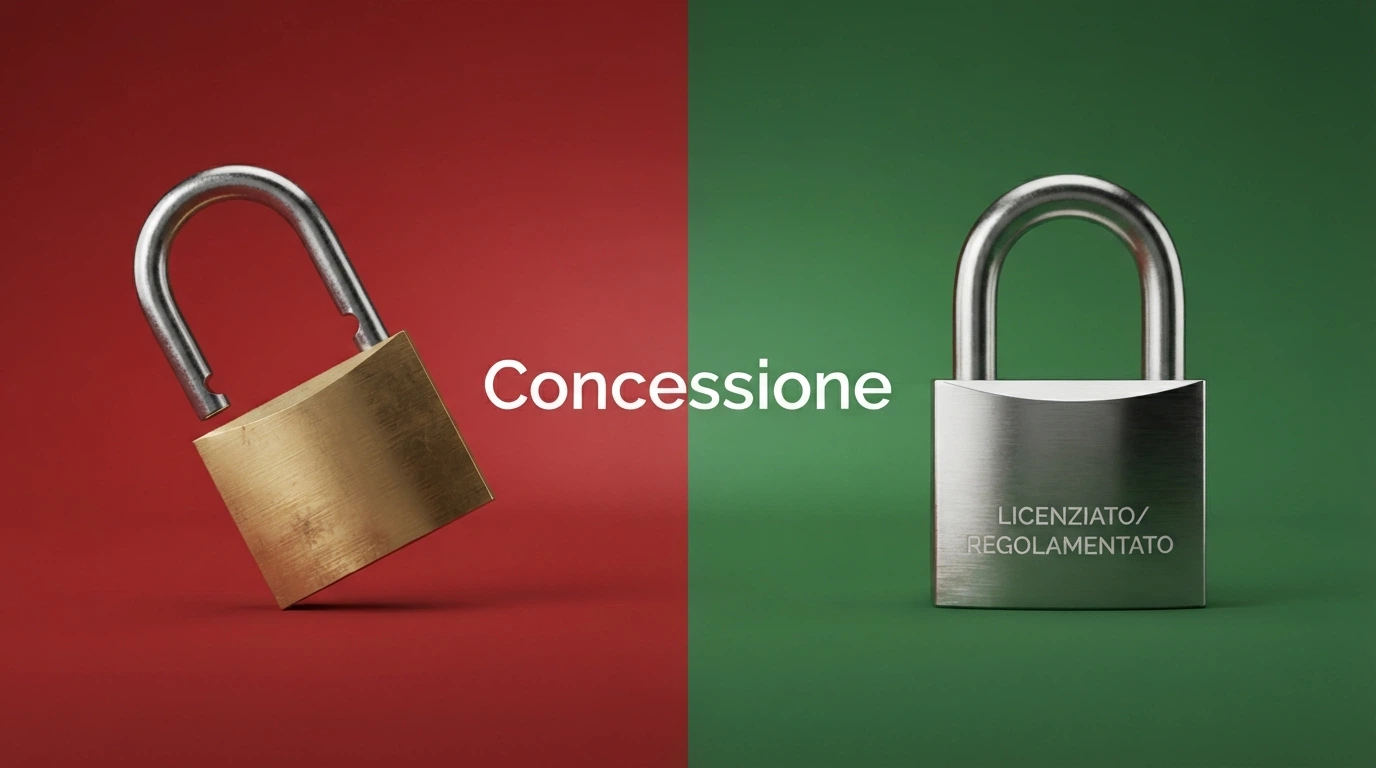 Un lucchetto aperto su sfondo rosso accanto a un lucchetto chiuso su sfondo verde con il logo ADM; tra i due la scritta «Concessione»
