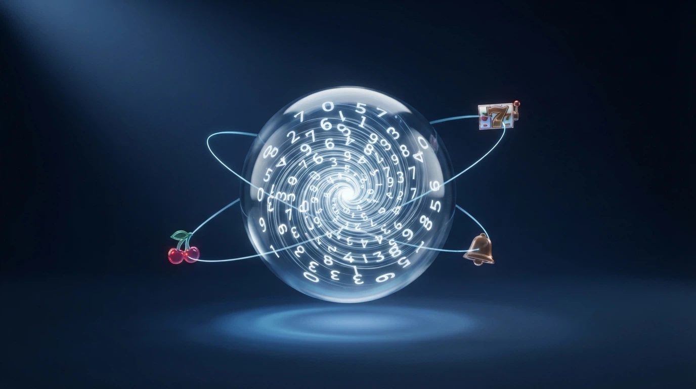 Rappresentazione grafica astratta di un generatore di numeri casuali con flussi di cifre in movimento e connessioni verso i simboli di una slot