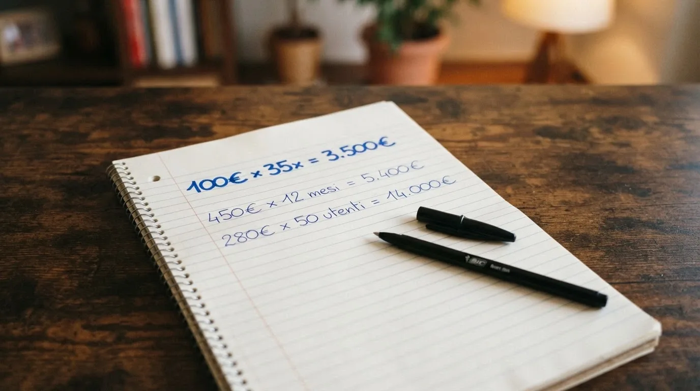 Un calcolatore da tavolo accanto a un blocco note su cui sono scritti i calcoli del rollover: 100€ × 35x = 3.500€