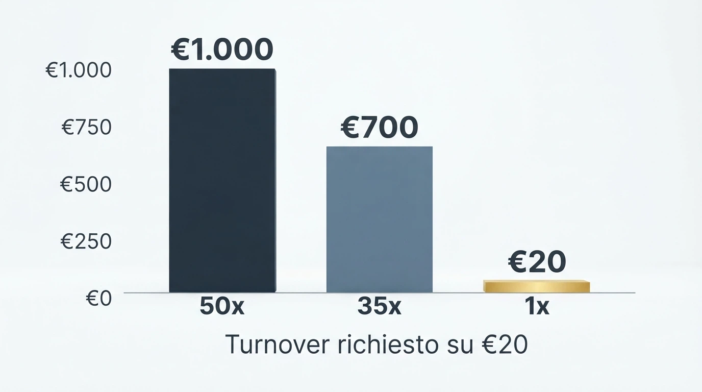 Grafico o schema che illustra come un requisito di puntata 35x moltiplica il turnover richiesto rispetto a un 1x