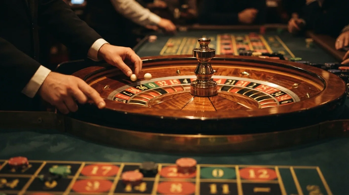 Una ruota della roulette europea con un solo zero verde inquadrata dal vivo, il croupier posiziona la pallina mentre il tabellone delle puntate è illuminato