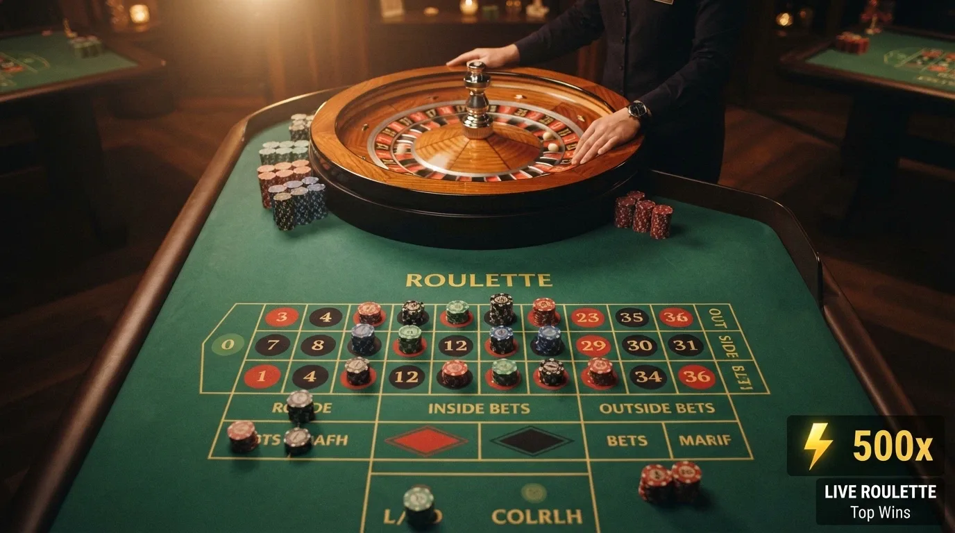 Un tavolo di roulette live in streaming con l'interfaccia di puntata, i gettoni sul panno verde e il moltiplicatore Lightning visibile