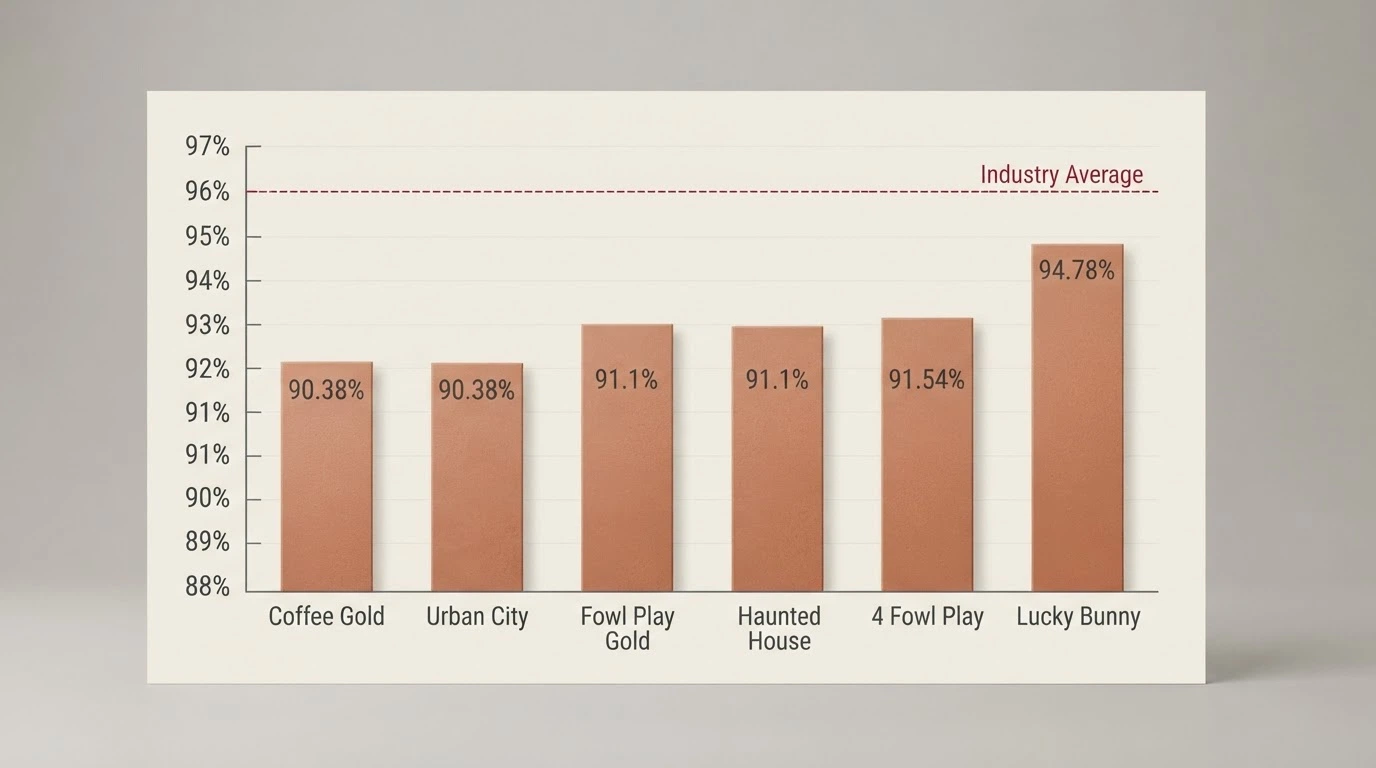 Grafico a barre che confronta l'RTP di sei slot WMG (da Coffee Gold a 90,38% a Cash Bunny a 94,78%) affiancato dalla media del settore al 96%