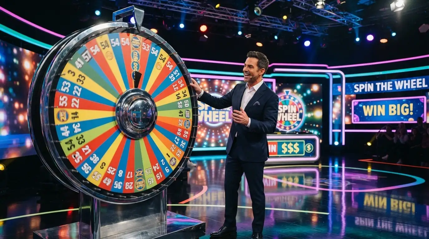 La ruota colorata del Crazy Time con i segmenti numerici e bonus, accanto al presentatore in studio di Evolution Gaming.