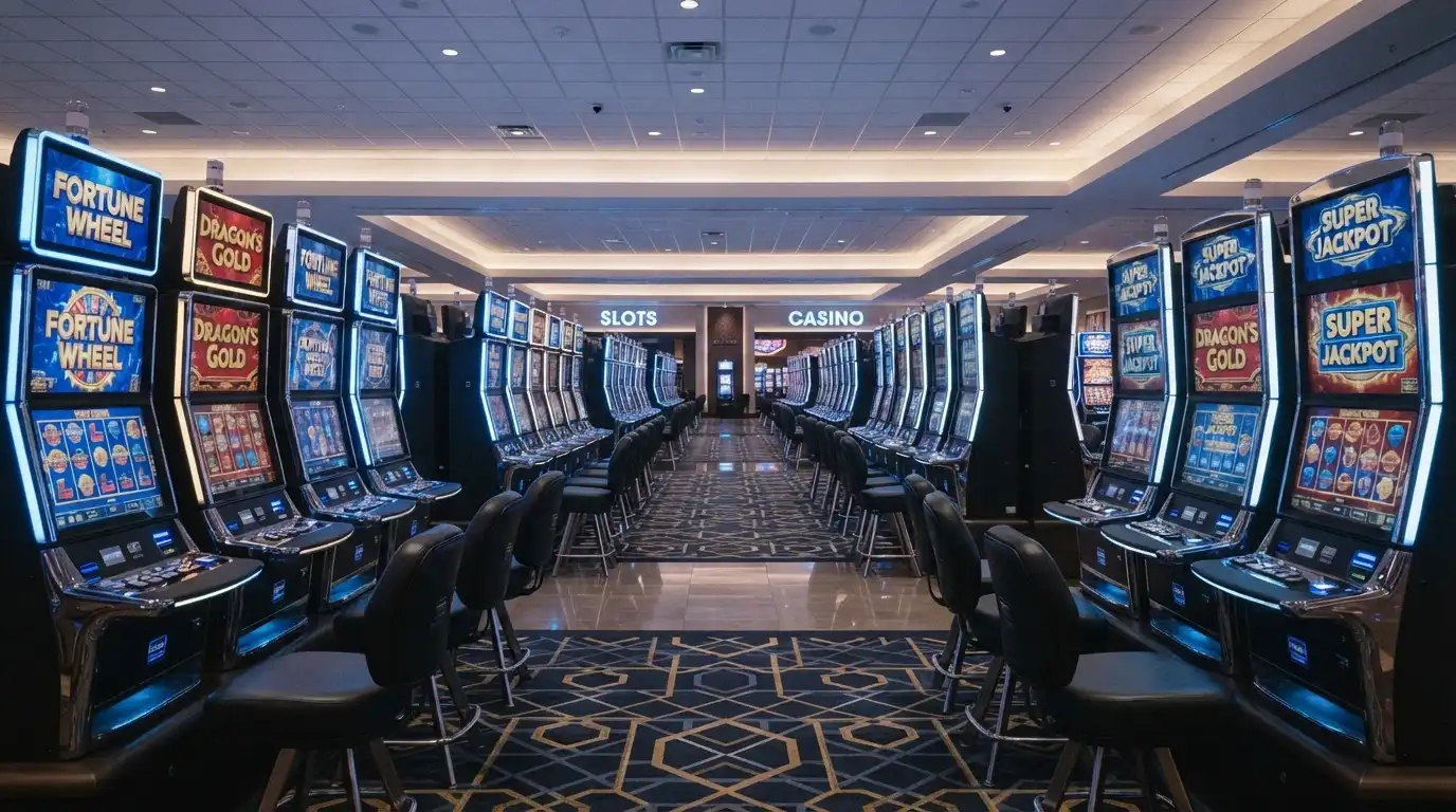 Una vista della Sala Slot Machine del Casinò di Sanremo con le postazioni di gioco illuminate