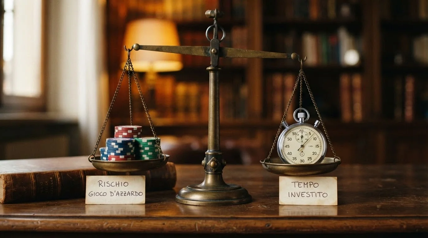 Una bilancia a due piatti: sul piatto sinistro una pila di fiches con l'etichetta «importo bonus,» sul destro un cronometro con l'etichetta «rollover × tempo» che pesa di più