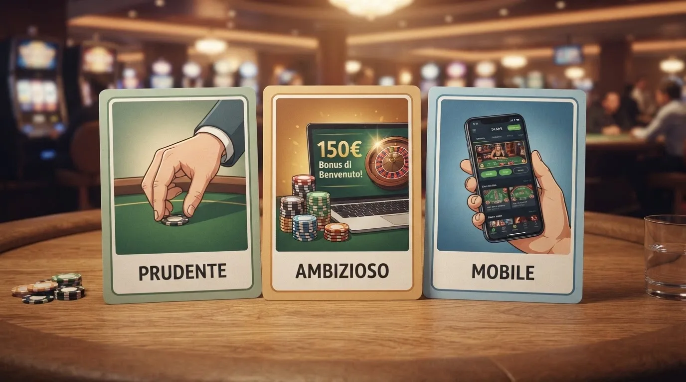 Tre profili di giocatore stilizzati (il prudente, l'ambizioso, il mobile) con il bonus consigliato per ciascuno