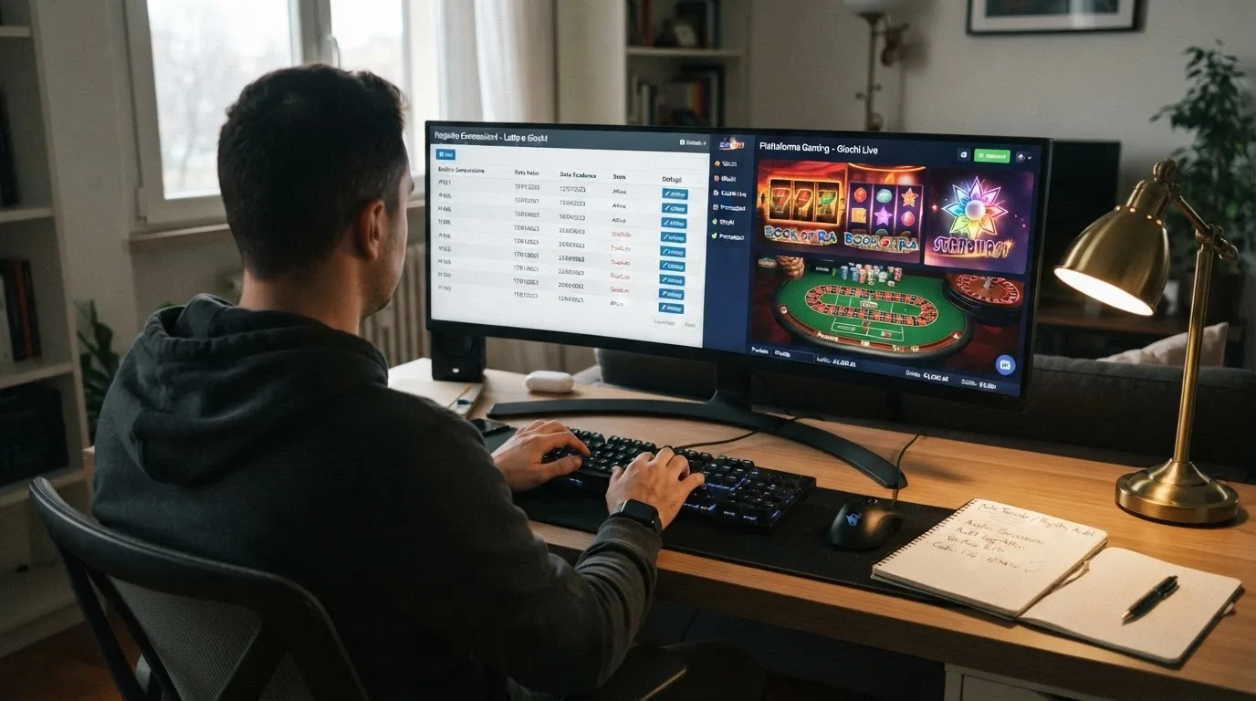 Un giocatore seduto davanti al computer con il registro ADM aperto su una metà dello schermo e la pagina di un casinò autorizzato sull'altra, in atteggiamento di confronto