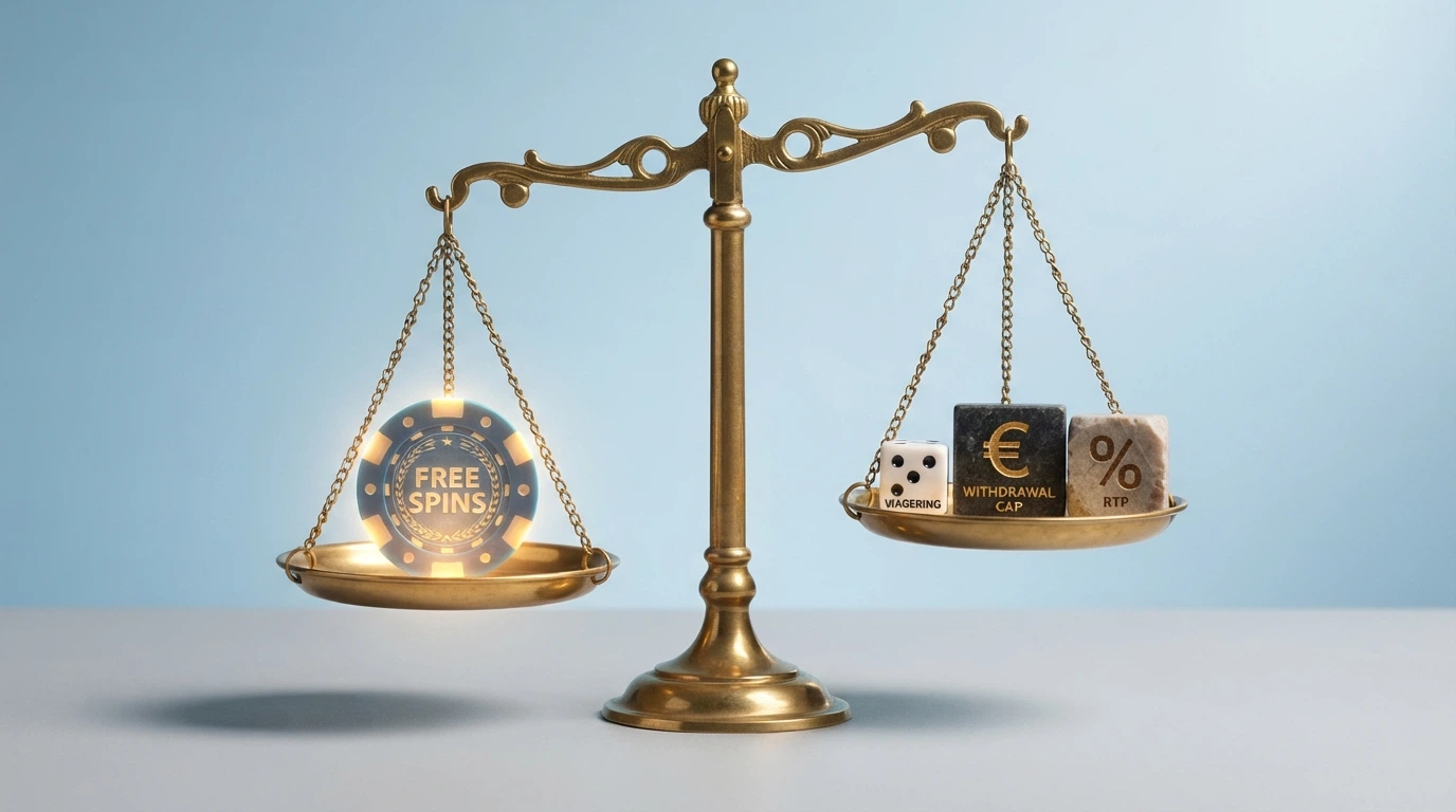 Una bilancia stilizzata: su un piatto il simbolo dei giri gratis, sull'altro le tre icone di wagering, cap prelievo e RTP in equilibrio