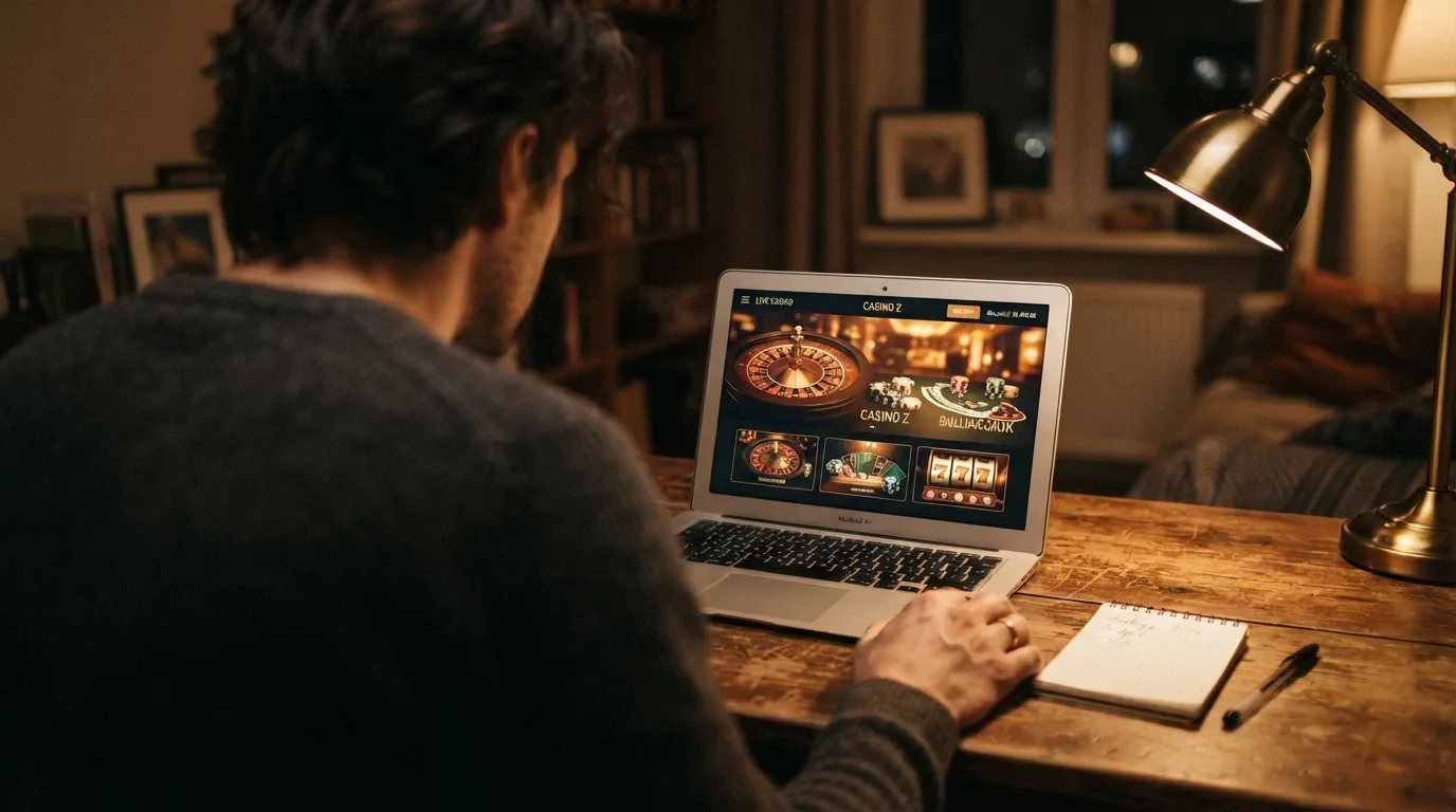 Un giocatore davanti allo schermo del computer con il sito di un casinò ADM aperto, espressione riflessiva mentre confronta le condizioni bonus