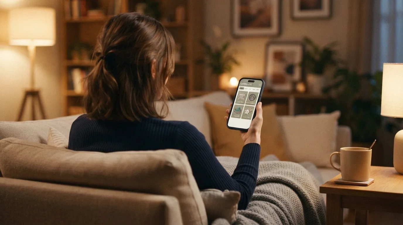 Giocatore che consulta un'app casinò su iPhone in un ambiente domestico con espressione riflessiva